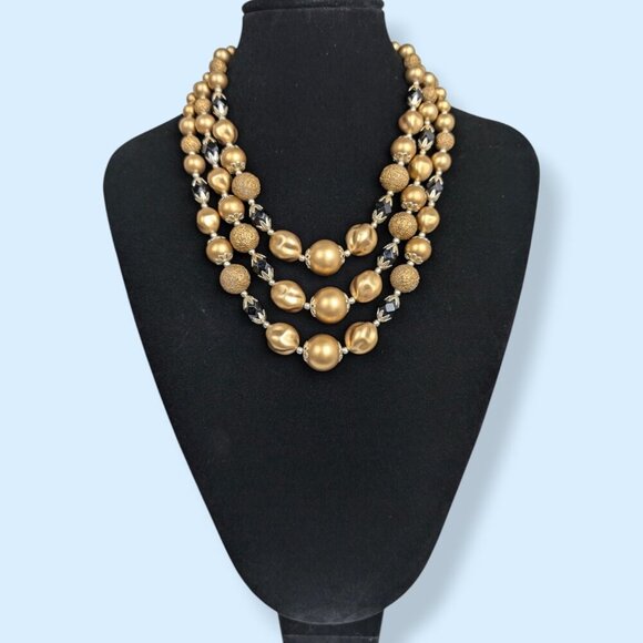 V. 3-Strand Gold & Black Beaded Statement Necklace - Picture 2 of 5